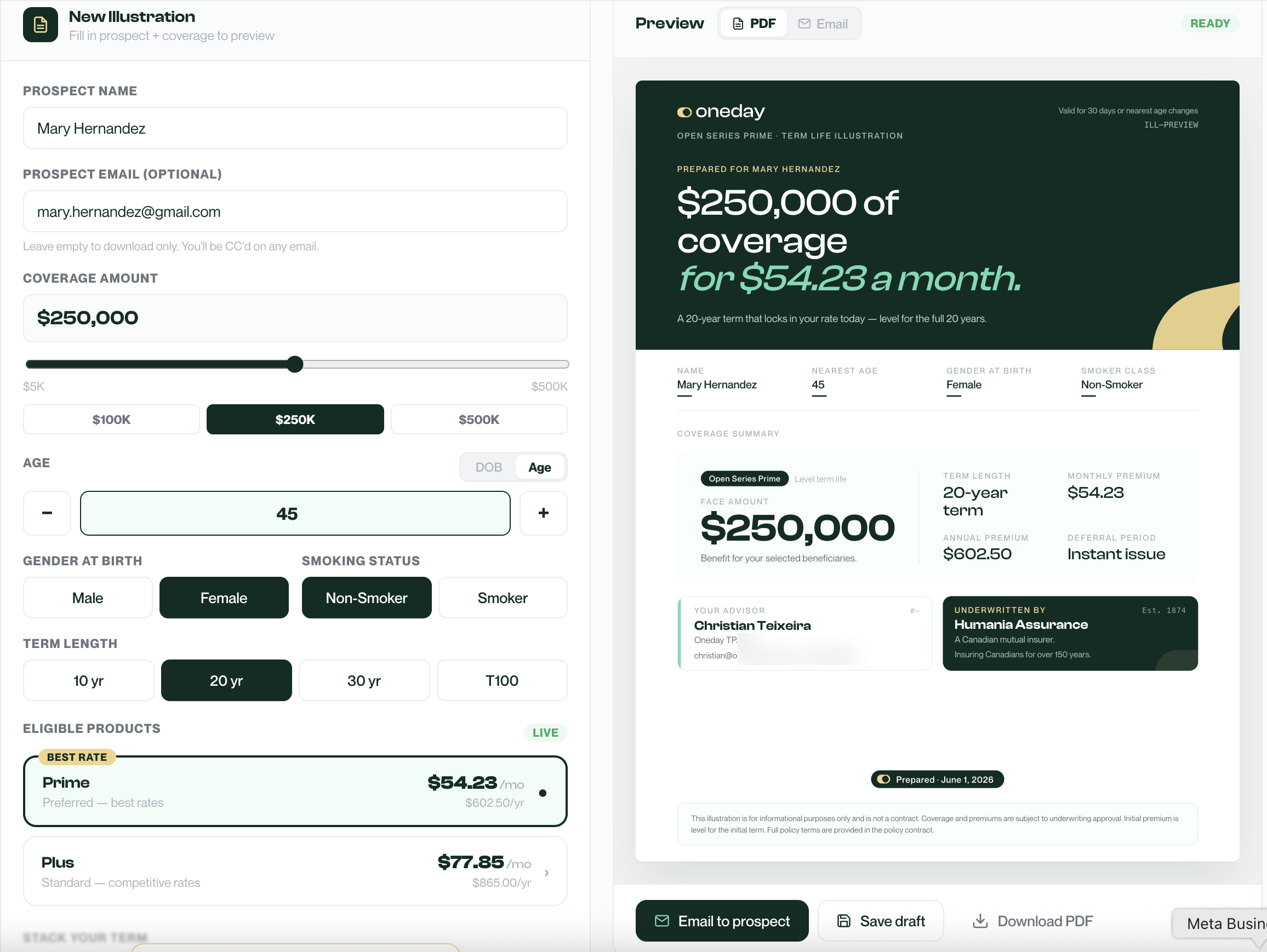 Oneday Pro illustration builder, with prospect details on the left and a fully branded PDF preview on the right