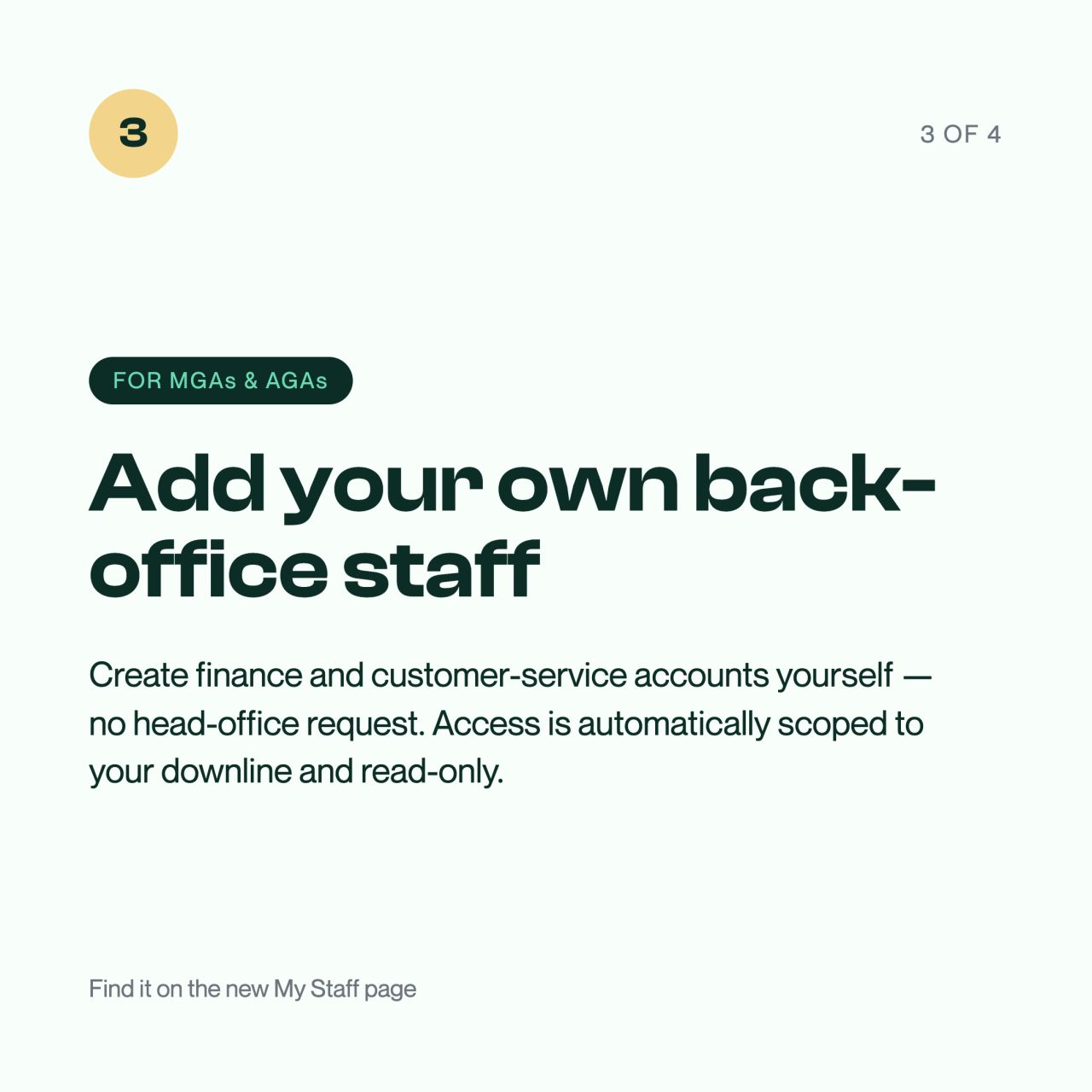 My Staff: MGAs and AGAs can add their own back-office staff accounts