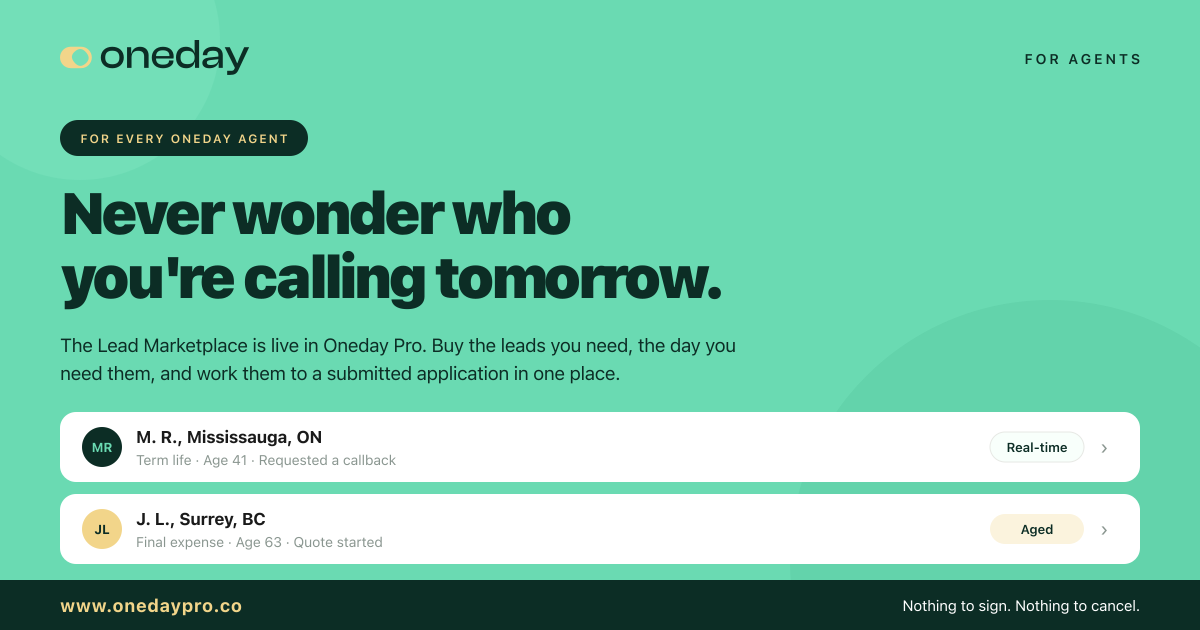 The Lead Marketplace is live in Oneday Pro. Buy the leads you need, the day you need them, and work them to a submitted application in one place.
