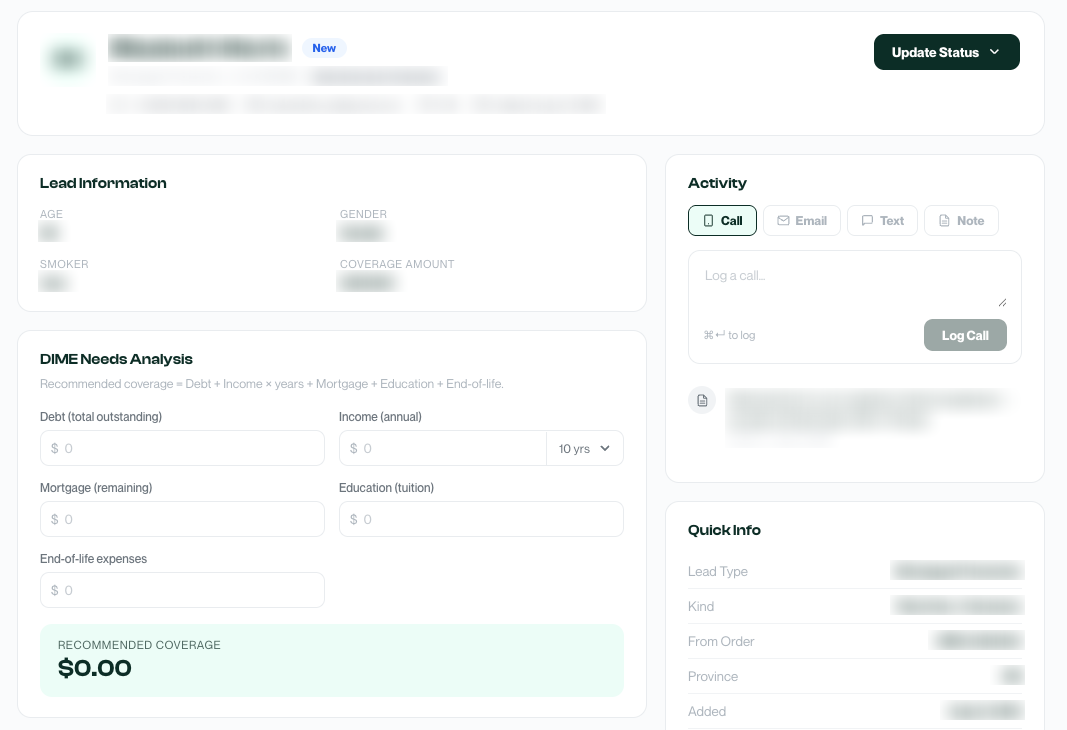 The Lite CRM lead record in Oneday Pro, with activity logging, a DIME needs analysis, and one-click convert to application. Client details blurred.