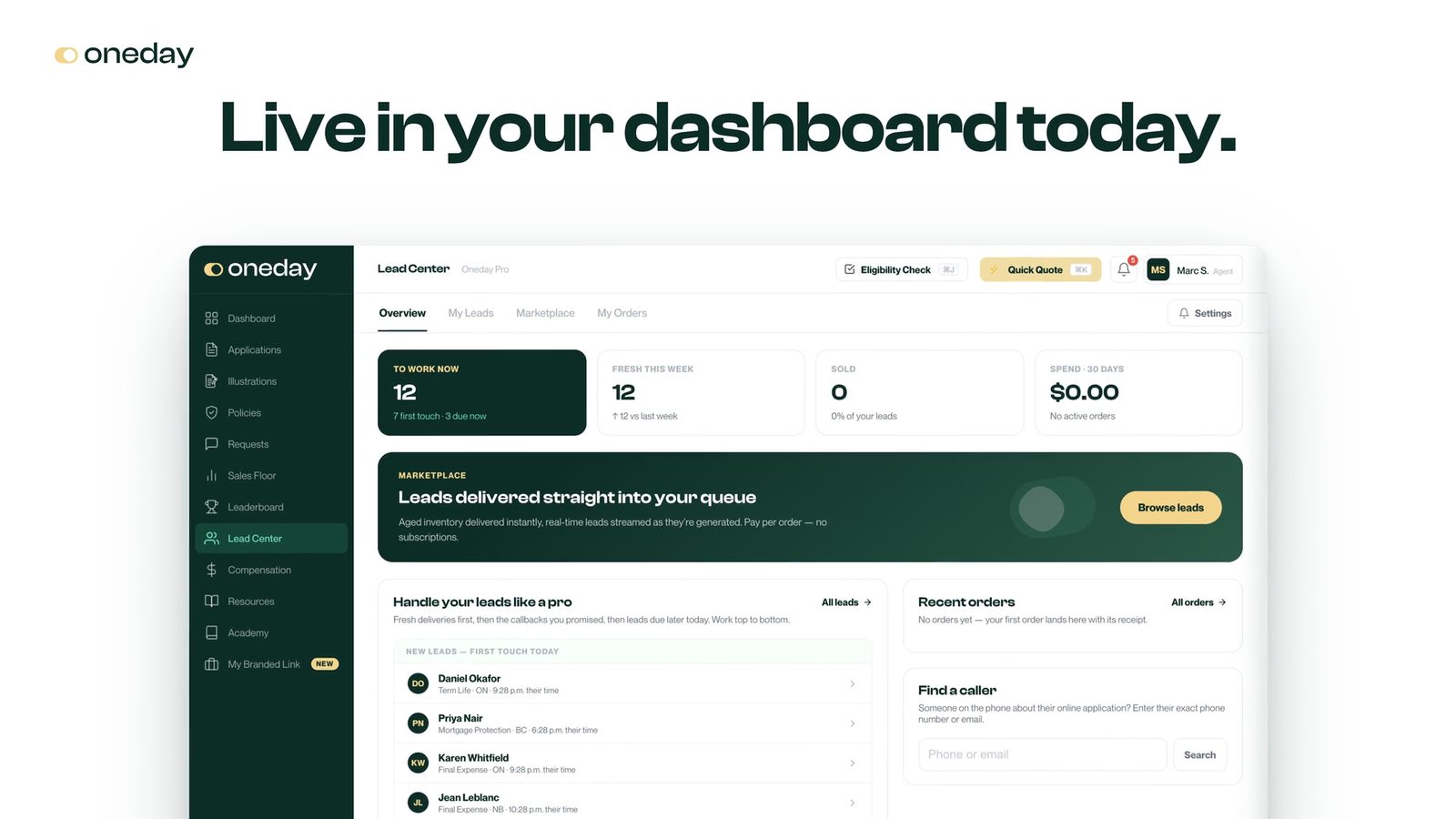 The Lead Center in Oneday Pro: your work queue, fresh first-touch leads, and leads delivered straight into your pipeline