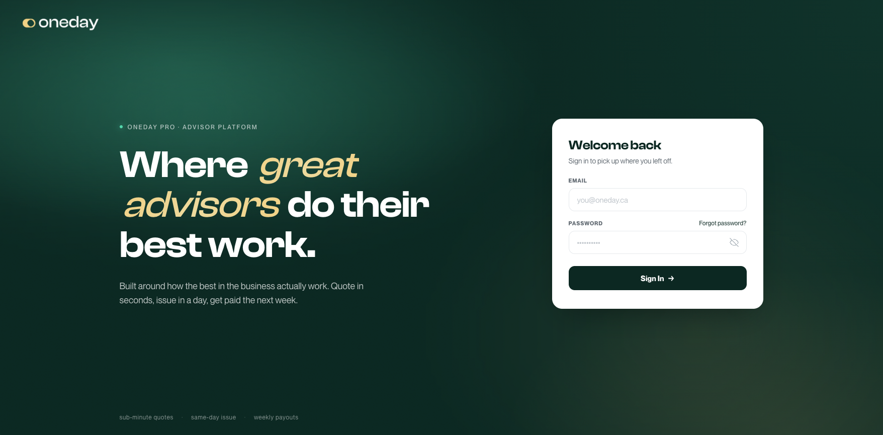 Oneday Pro 2.0 advisor platform login screen, with the new experience built for the Open Series