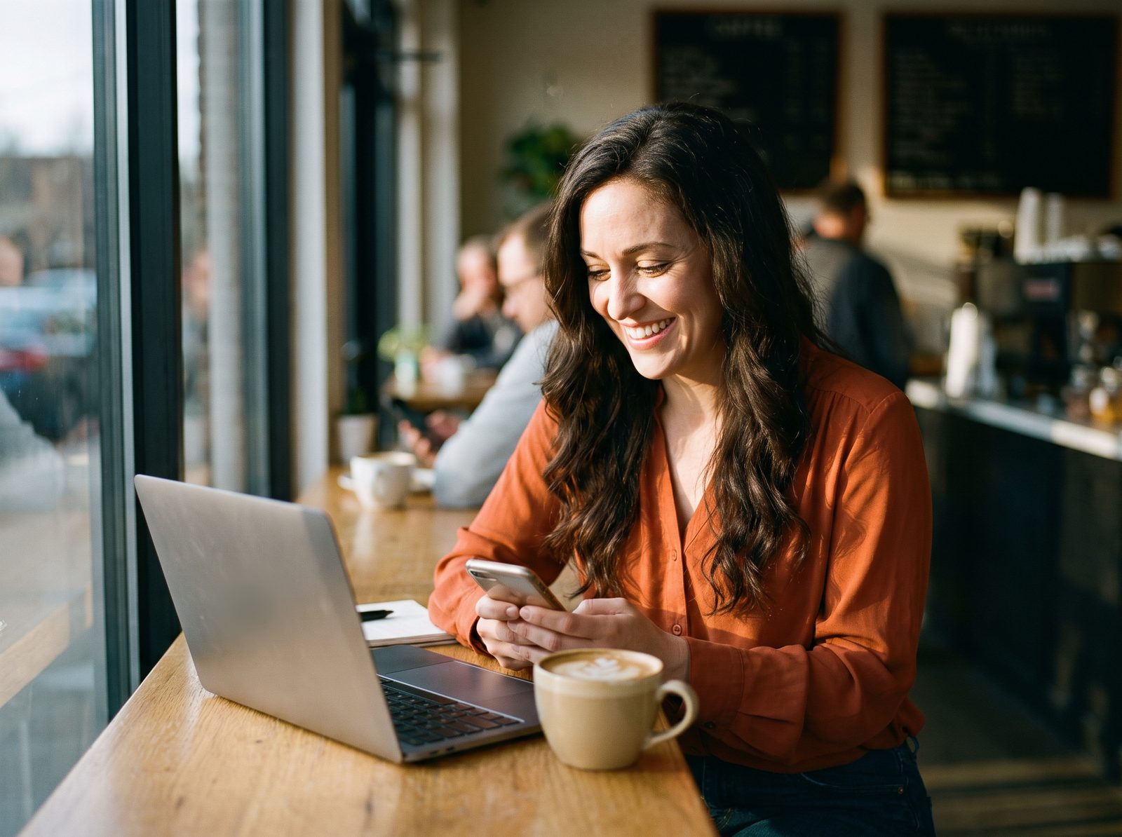 An advisor in a cafe smiling at a notification on her phone