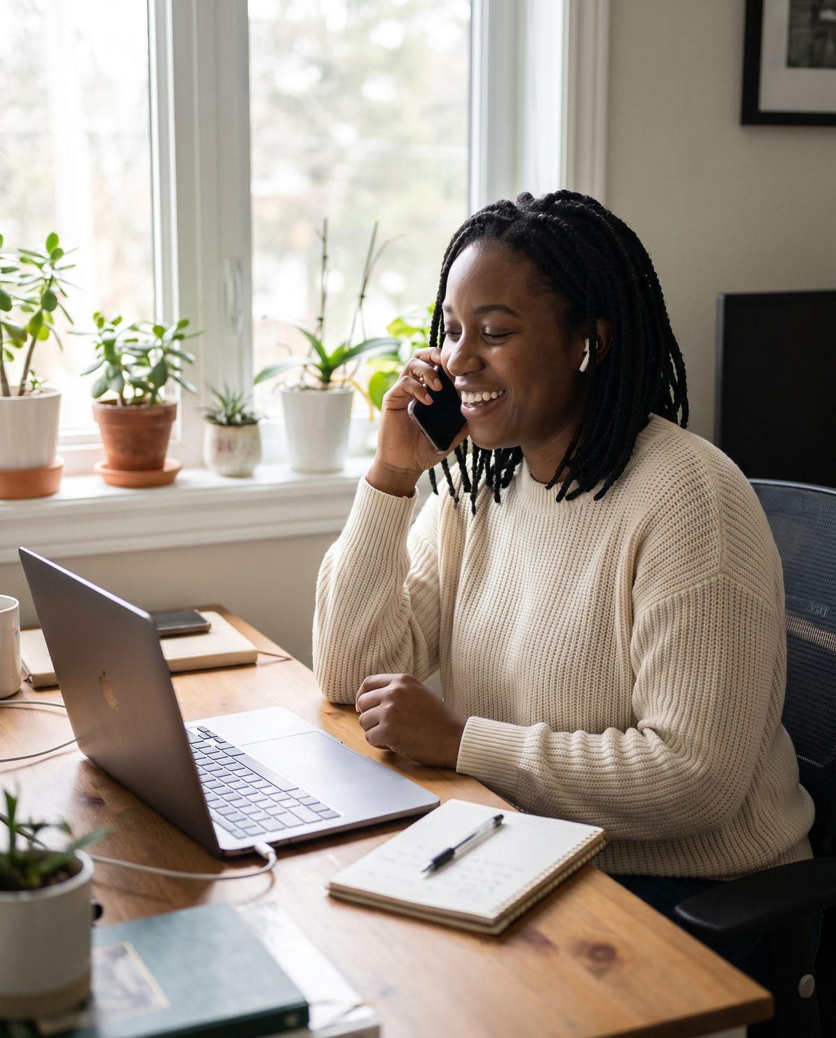 An advisor calls a new lead from her home office