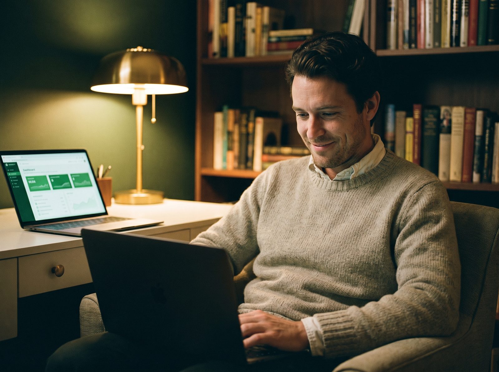 An advisor at his desk in the evening, checking his Oneday dashboard