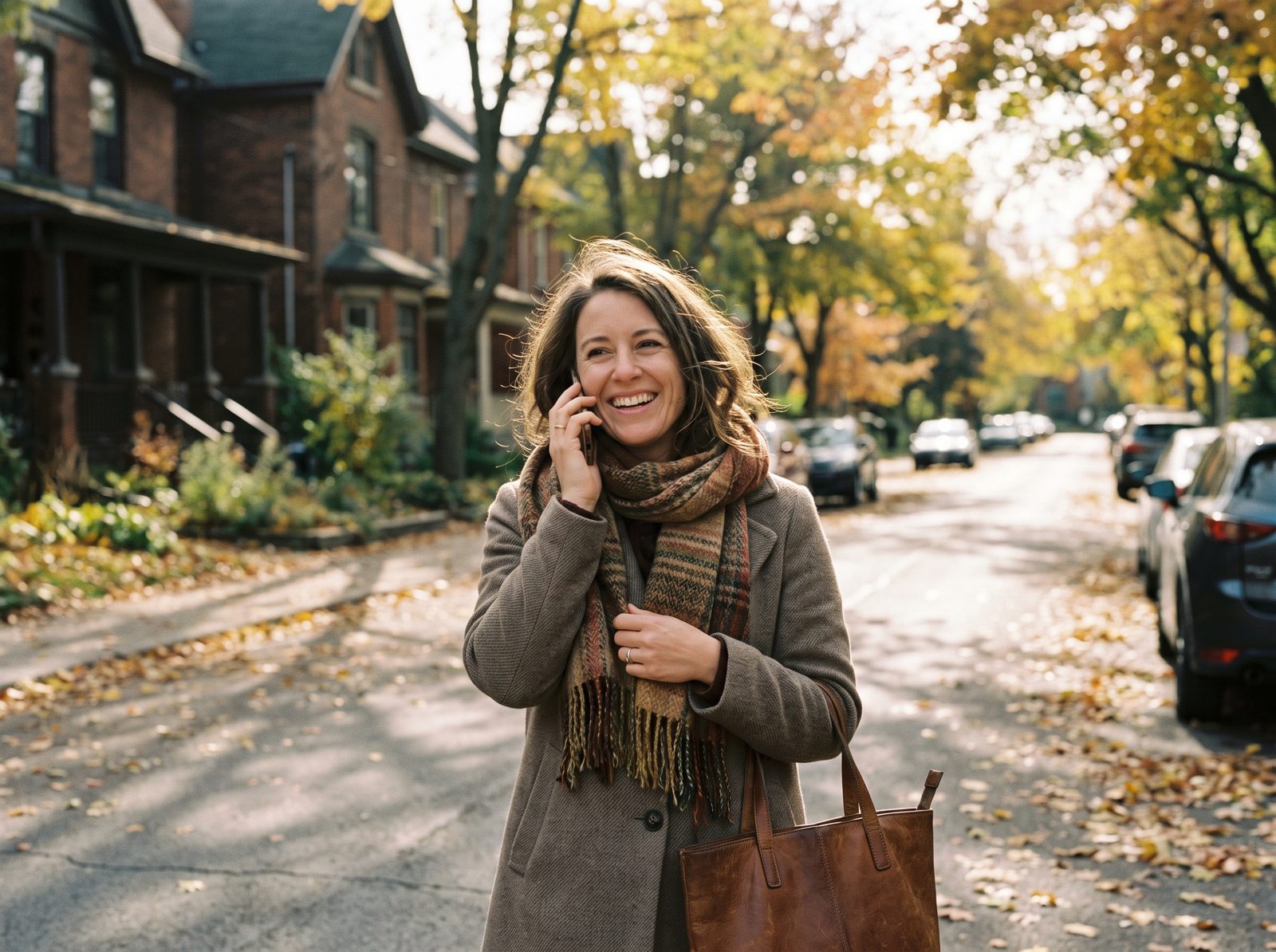 An advisor takes a call from a client on a tree-lined street