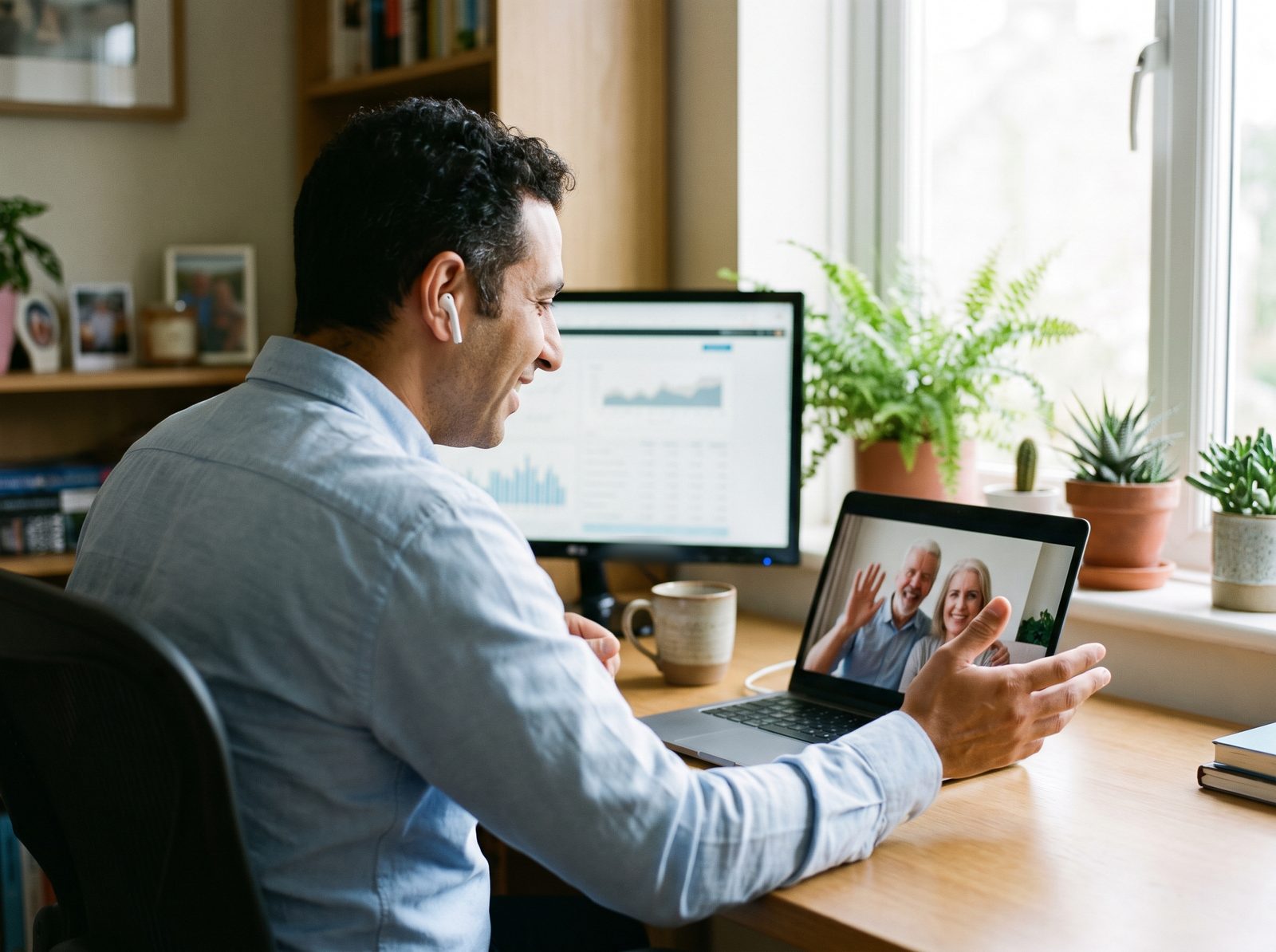 An advisor meets a couple over a video call from his home office
