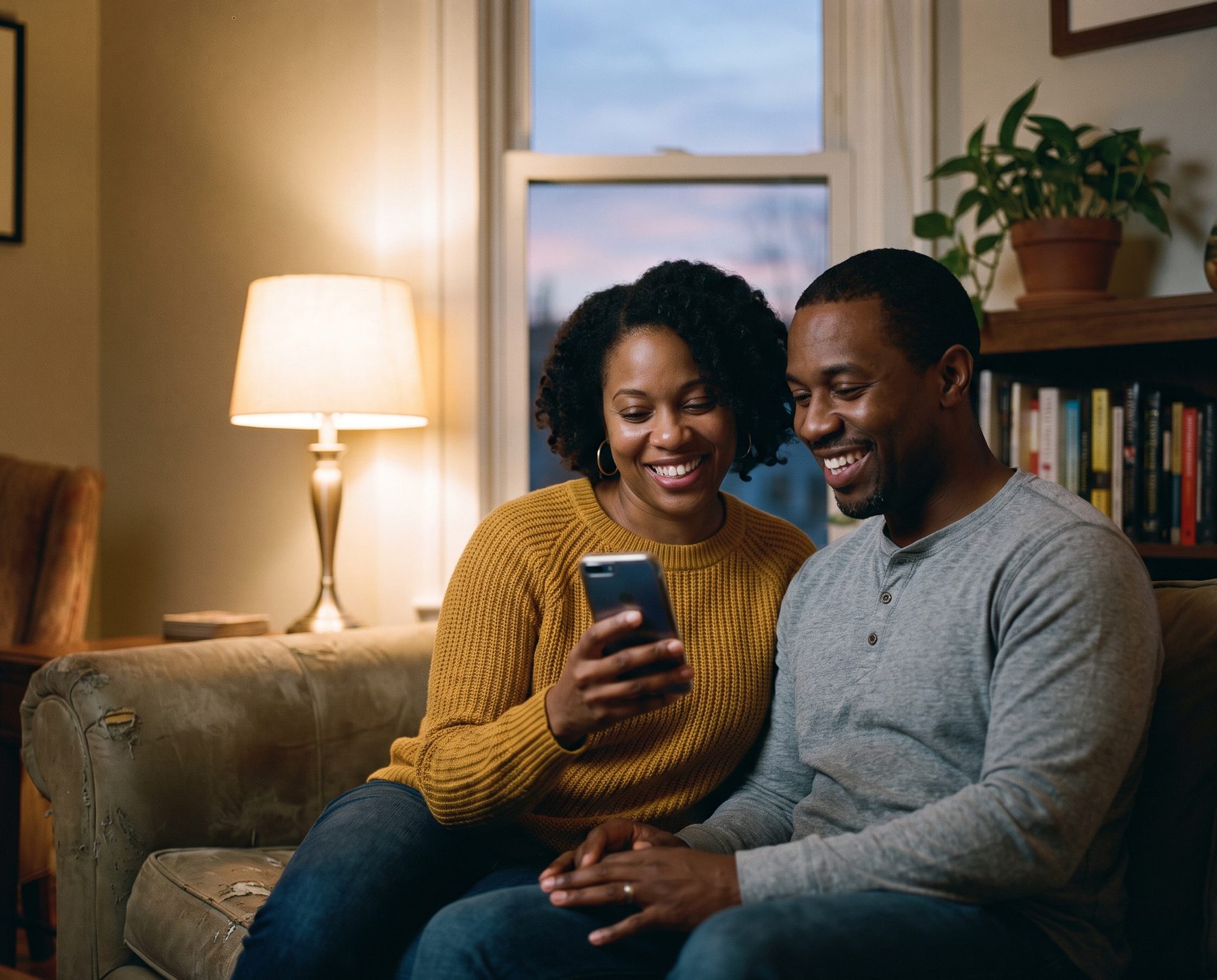 A couple at home in the evening, looking at life insurance on a phone