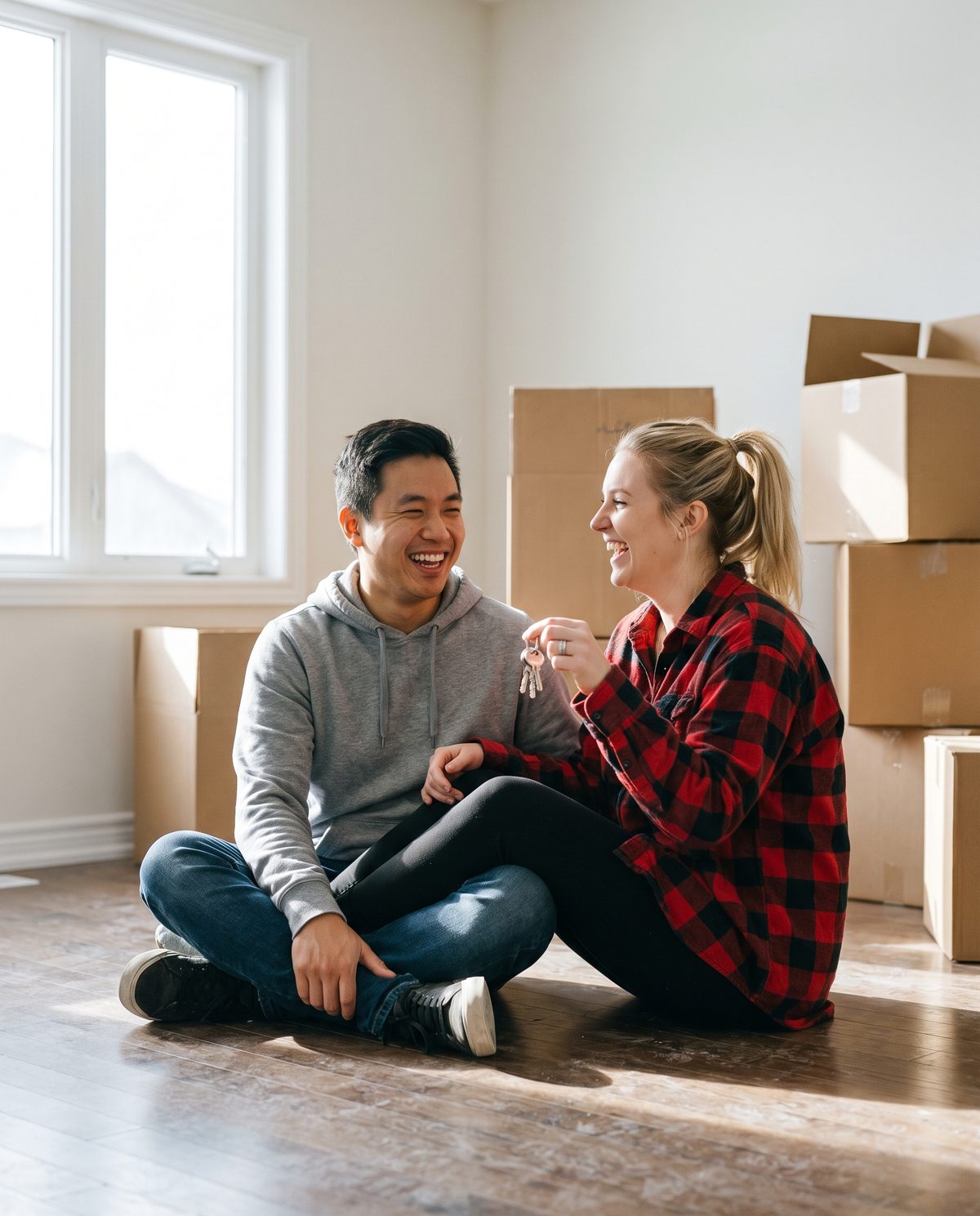 A young couple laughing on the floor of their new home, holding up the keys