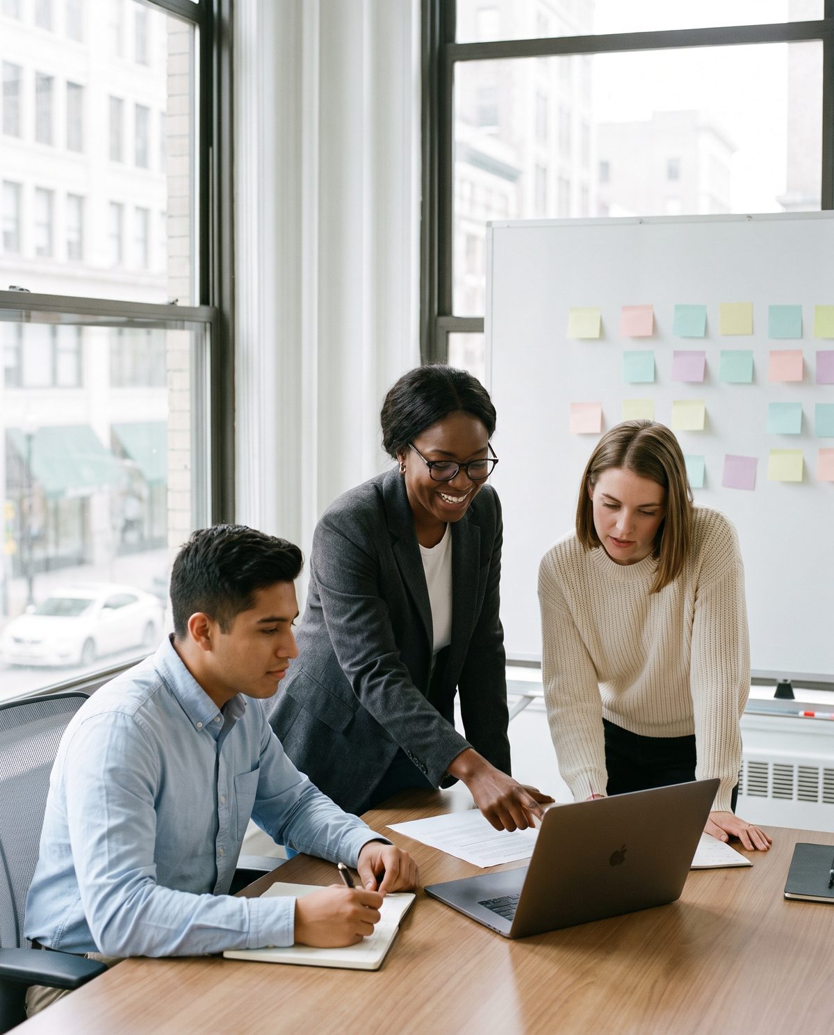 A credit union leadership team works through a plan together