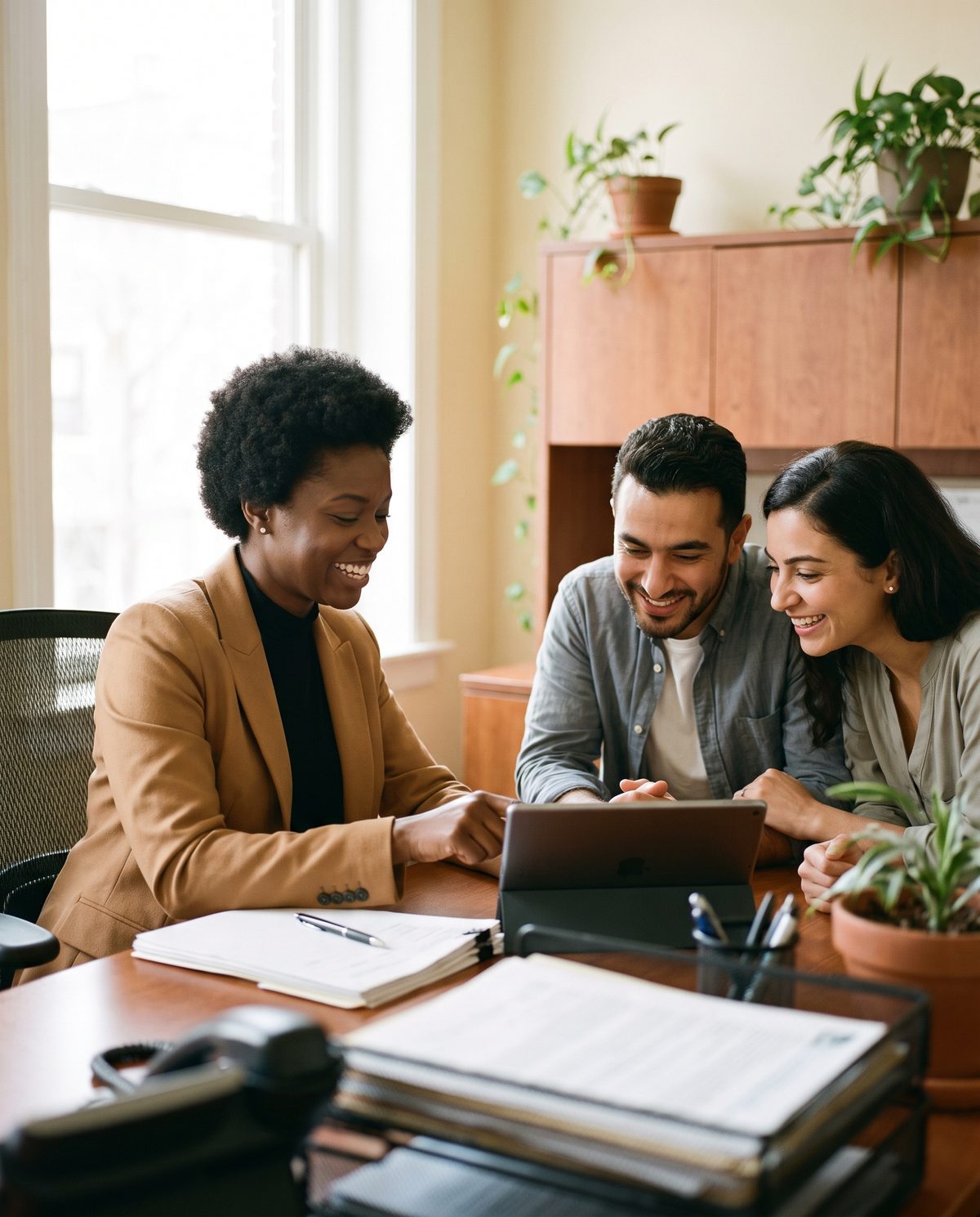A mortgage broker walking a happy couple through their closing on a tablet