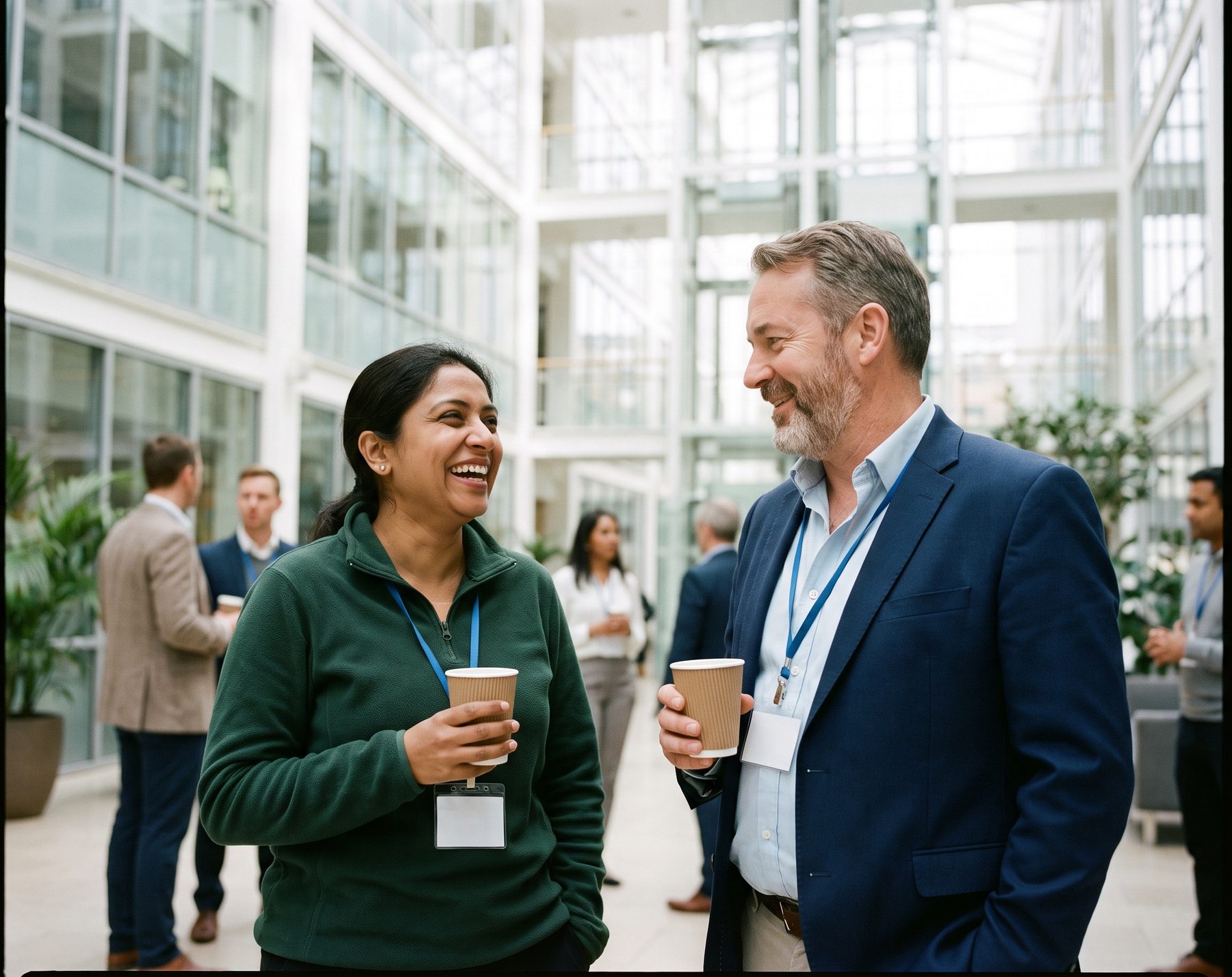An Oneday partnerships lead and a financial institution executive talk over coffee at an industry event