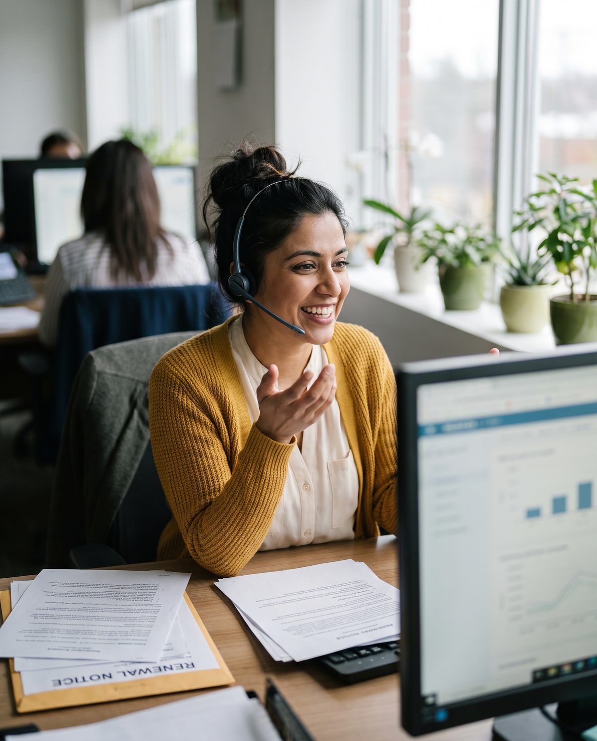 A broker in a headset smiling on a renewal call at her desk