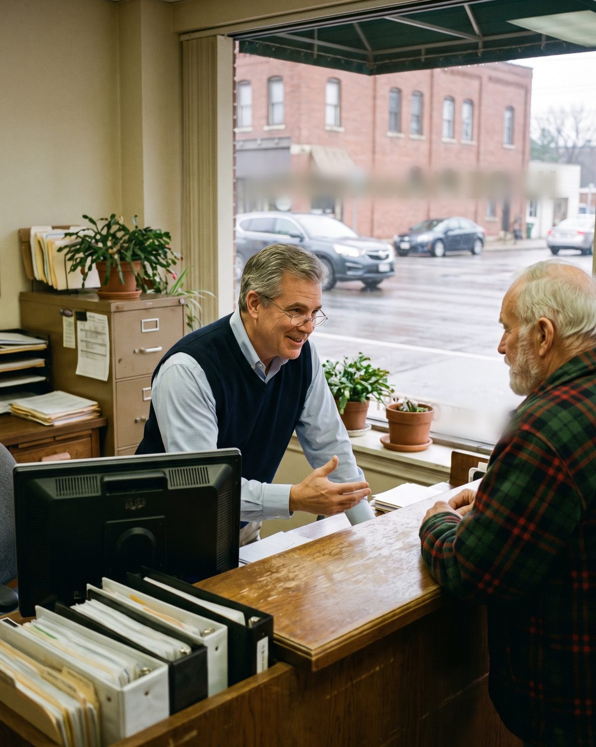The owner of a small-town insurance brokerage chatting with a longtime customer at the counter